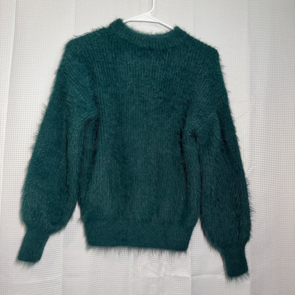 Jorya Chyi Fuzzy Knit Sweater Small Dark Green Balloon Sleeve Soft Cozy Pullover